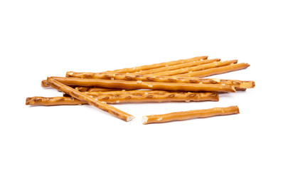 Salty cracker pretzel sticks isolated on white background
