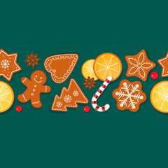 Seamless pattern with christmas gingerbread, sweets and spices. 