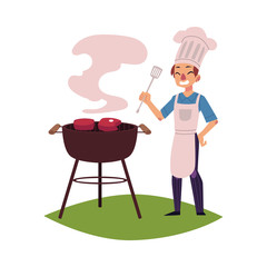 Happy man in chef hat and apron roasting meat on barbecue grill, holding turner, cartoon vector illustration isolated on white background. Happy young Caucasian chef cooking steaks on barbecue grill