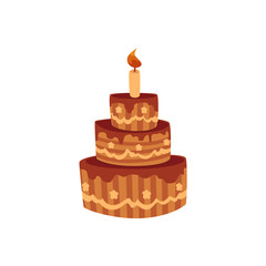 Tier birthday cake with chocolate icing and burning candle, cartoon vector illustration isolated on white background. Chocolate birthday cake with three tiers and one burning candle