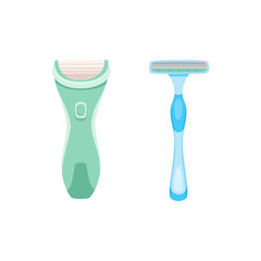 Two variants of lady shaving razor for unwanted hair removal procedure, flat style icon, vector illustration isolated on white background. Flat icon of lady shaving razor, two variants