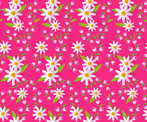 vector easter holiday seamless pattern with spring festive elements - daisy flowers with leaves for your design. Flat style illustration on pink background
