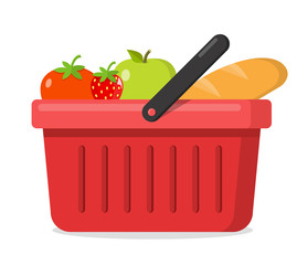 Einkaufskorb mit Gemüse Obst und Brot Icon Flat Design