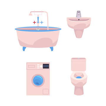 vector cartoon bathroom appliances set. ceramic pink colored toilet bowl, sink, bath tube and washing machiine icons. Isolated illustration on a white background.