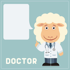 Doctor sheep with bubble speech in cartoon style. Smiling doctor sheep says important information about health.