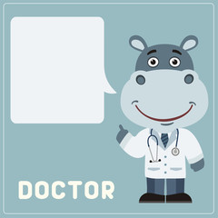 Fototapeta na wymiar Doctor hippo with bubble speech in cartoon style. Smiling doctor hippopotamus says important information about health.