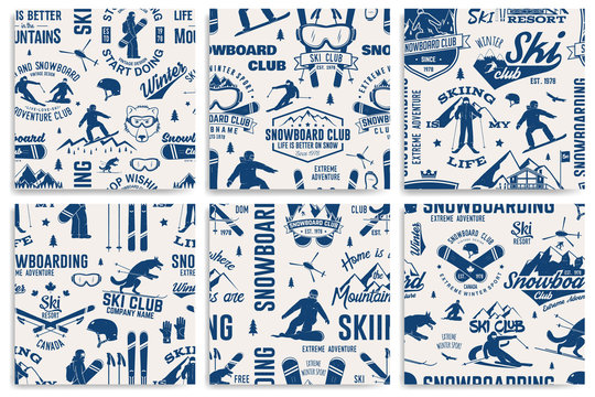 Set of Ski and Snowboard Club seamless pattern. Vector illustration.