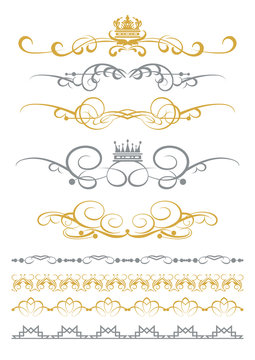 Vector Calligraphic Design Elements. Golden and Silver Color on White background. Frame, border, swirl, divider. Old-fashioned style