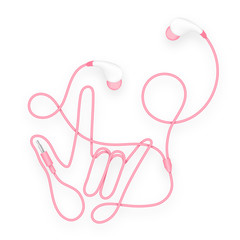 Earphones, In Ear type pink color and I Love You hand sign language made from cable isolated on white background, with copy space