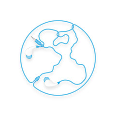 Earphones, In Ear type blue color and World globe symbol made from cable isolated on white background, with copy space
