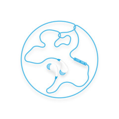 Earphones wireless and remote, In Ear type blue color and World globe symbol made from cable isolated on white background, with copy space