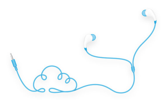 Earphones, In Ear type blue color and Cloud symbol made from cable isolated on white background, with copy space