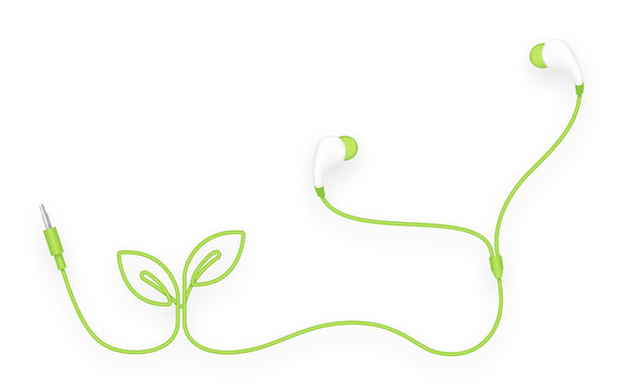 Earphones, In Ear type green color and Leaf Plant symbol made from cable isolated on white background, with copy space