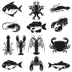 Set of seafood icons isolated on white background. Design element for logo, label, emblem, sign, banner, poster.