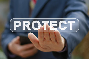 Businessman presses button protect icon.