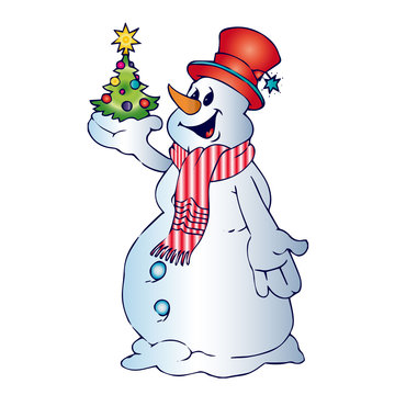 Cheerful snowman in scarf and hat, holds in hands christmas tree, cartoon on white background,