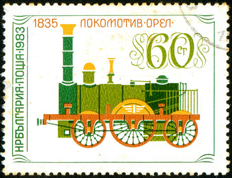 Ukraine - circa 2017: A postage stamp printed in Bulgaria shows drawing Lokomotive Eagle, 1835. Series: Locomotives. Circa 1983.