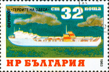 Ukraine - circa 2017: A postage stamp printed in Bulgaria shows drawing Ferry Heroes of Odessa....