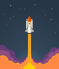 Space rocket launch. Vector illustration of starting space rocket with smoke clouds on dark night sky background. © nadzeya26