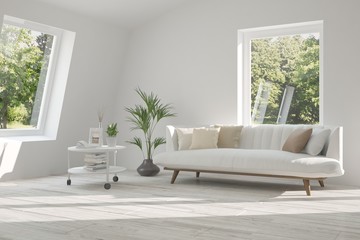 Idea of white room with sofa and summer landscape in window. Scandinavian interior design. 3D illustration