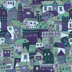 Naklejki  Doodle hand drawn town seamless pattern. Texture for wallpaper, fills, web page background.