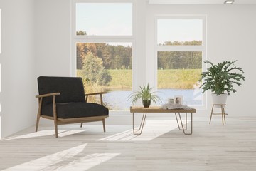 Idea of white room with armchair and summer landscape in window. Scandinavian interior design. 3D illustration