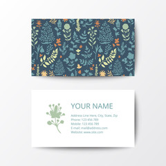 Colorful business card template with floral seamless pattern. Vector illustration for your cute design.
