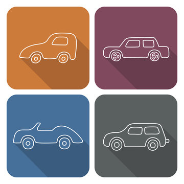 Set of 4 white square cartoon cars with shadows. Template for style design.