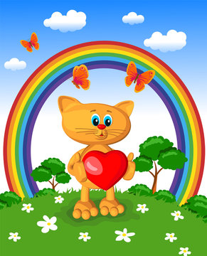 cat holds a heart greeting card congratulatory day valentine mothers women smile joy joy symbol cartoon style rainbow clouds nature trees butterflies grass flowers