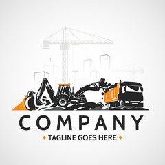 Backhoe tractor and construction heavy truck, buildings cranes. © unien