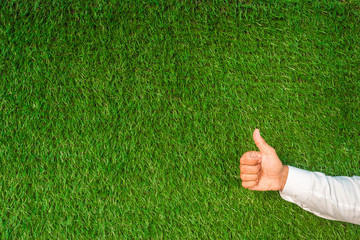 Hand with thumb up with a blank on a green grass background