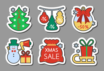 Christmas season sale icon sticker set flat style