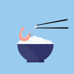 Rice with shrimp in a blue bowl and chopsticks