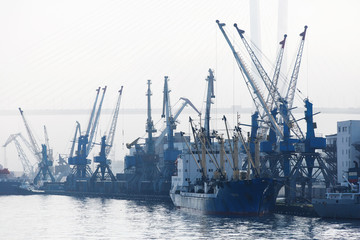 Obraz premium Vladivostok, Russia - AUGUST, 2017: Vladivostok Commercial Sea Port. Container terminals in Vladivostok