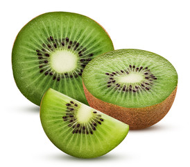 Fototapeta na wymiar Two fresh kiwi fruit cut in half and slice