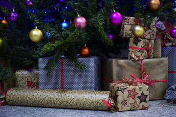 Christmas Tree With Ornaments And Presents.