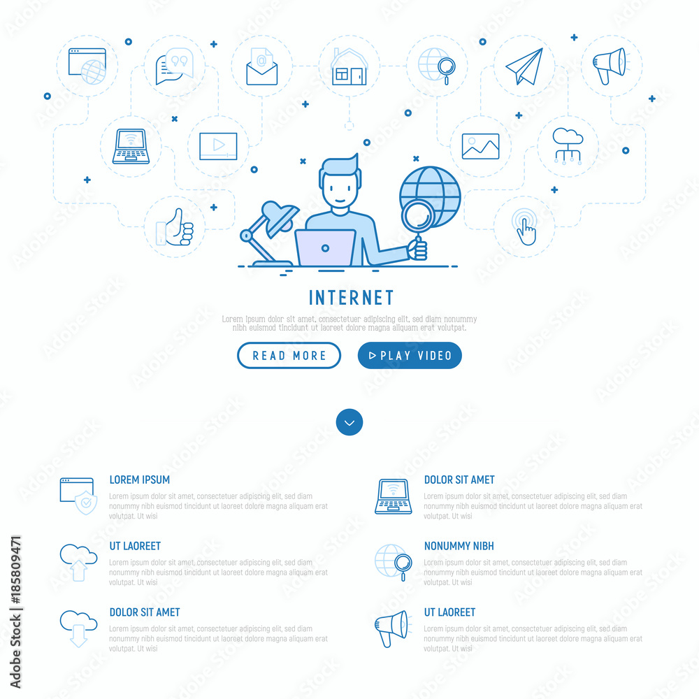 Poster internet concept with thin line icons: user is searching information on laptop. modern vector illust