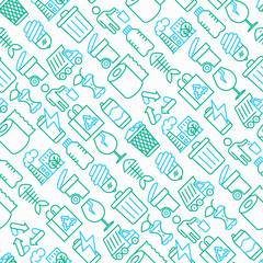 Garbage seamless pattern with thin line icons: garbage bin, organic trash, garbage truck, glass, recycled paper, aluminium, battery, plastic bottle. Modern vector illustration.