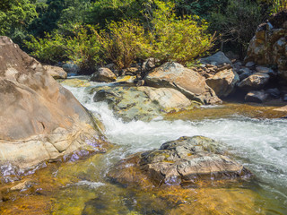 Mountain fast flowing river stream of water in the rocks
