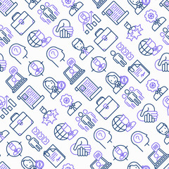 Head hunting seamless pattern with thin line icons: employee, hr manager, focus, resume; briefcase; achievements; career growth, interview. Vector illustration.