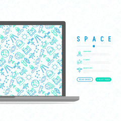 Space concept with thin line icons: rocket, Earth, lunar rover, space station, telescope, alien, meteorite. Modern vector illustration, web page template.