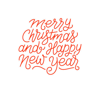 Merry Christmas and Happy New Year calligraphic line art style lettering isolated on white background. Typography text for holiday gift card design. Vector illustration