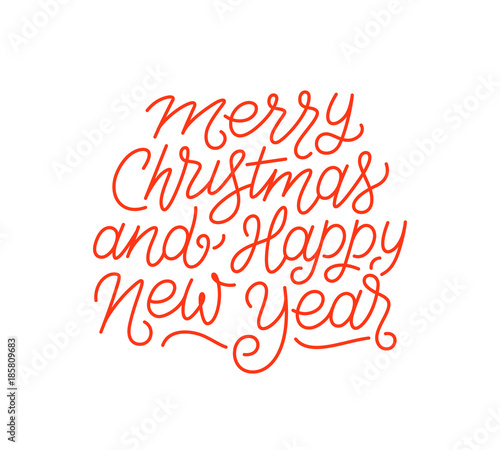 &quot;Merry Christmas and Happy New Year calligraphic line art style lettering isolated on white
