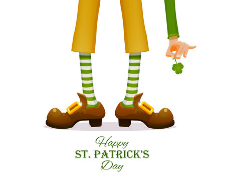 St.Patrick 's Day. Legs of a leprechaun and Patrick's hand with a shamrock clover. Humorous vector illustration for festive design