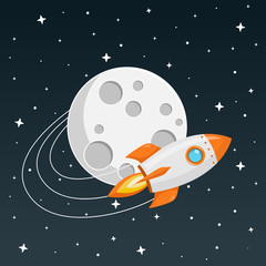 Rakete fliegt um den Mond Flat Design Icon
