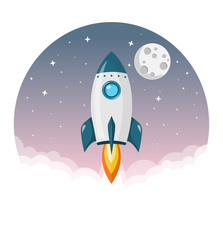 Rakete startet ins Weltall mit Mond und Sternen Flat Design Icon - 185810684