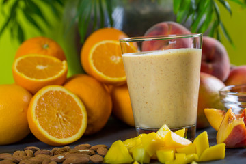 Close up of fresh fruits and vegetables smoothie