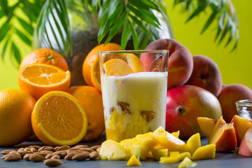 Close up of fresh fruits and vegetables smoothie