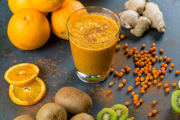 close up of yellow fruits smoothie