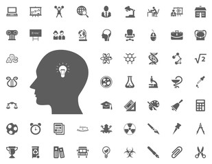 Head and bulb icon. science and education vector icons set.
